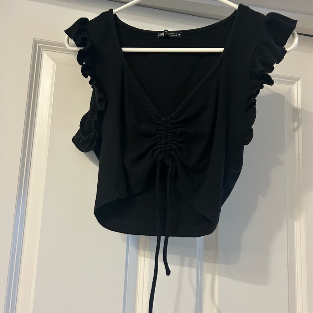Zara Black Ruched Women's Top with Ruffle Sleeves Size L